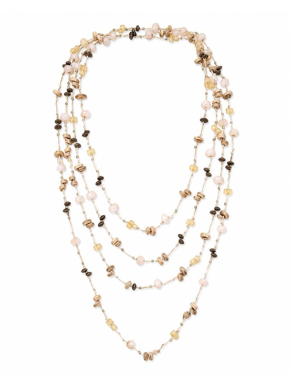Boho Multi-Strand Beaded Necklace 78” Blush Yellow Tan Layered Statement